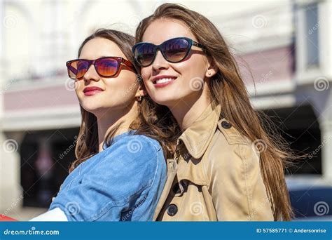 Two Happy Young Beautiful Women In Sunglasses Stock Image Image Of Fashion Beige 57585771