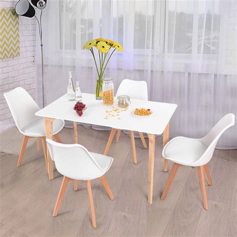 Costway 5 Piece Mid Century Dining Set Rectangular Table And 4 Chairs Modern White