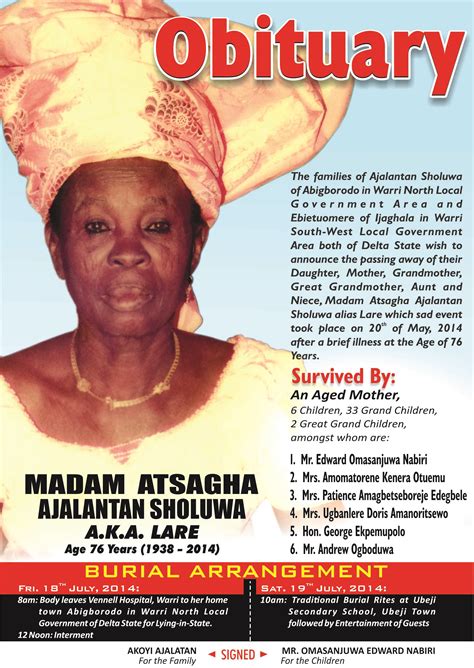 Check spelling or type a new query. OBITUARY: MADAM ATSAGHA AJALANTAN SHOLUWA FOR BURIAL, JULY ...