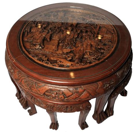 Carved Chinese Coffee Table With 6 Stools Coffee Table Design Ideas