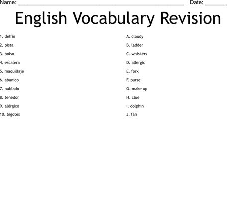 English Vocabulary Revision Worksheet Wordmint