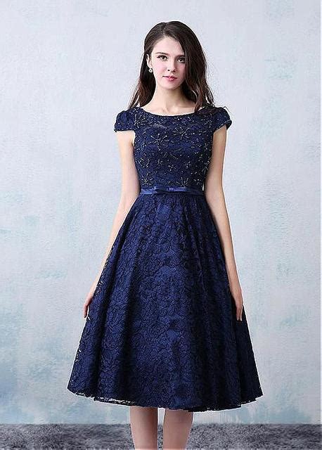 Vintage Lace Navy Blue Short Prom Cocktail Dresses Knee Length Cap