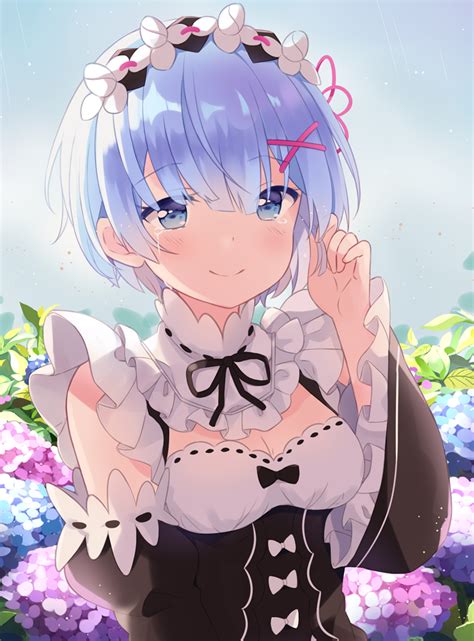 Safebooru Blue Eyes Blue Hair Blush Dress Flower Headdress Rezero