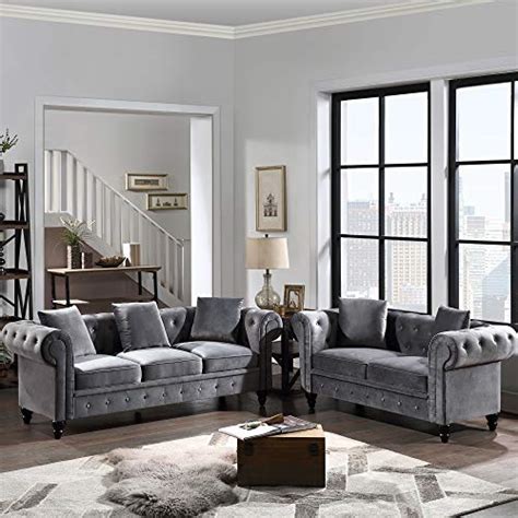 Grey chesterfield sofa living room ideas. 2 Pieces Living Room Sofa Set, Couch Furniture Tufted ...
