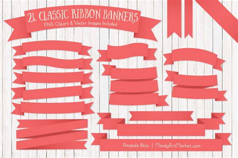 Classic Ribbon Banner Clipart In Coral By Amanda Ilkov Thehungryjpeg