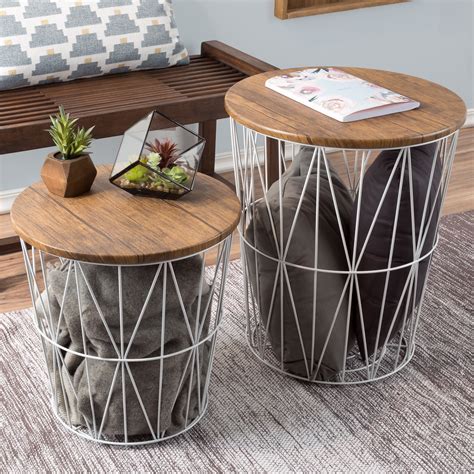 The combination of reclaimed spruce, pine, fir, etc. Nesting End Tables with Storage- Set of 2 Convertible Round Metal Basket Veneer Wood Top Accent ...