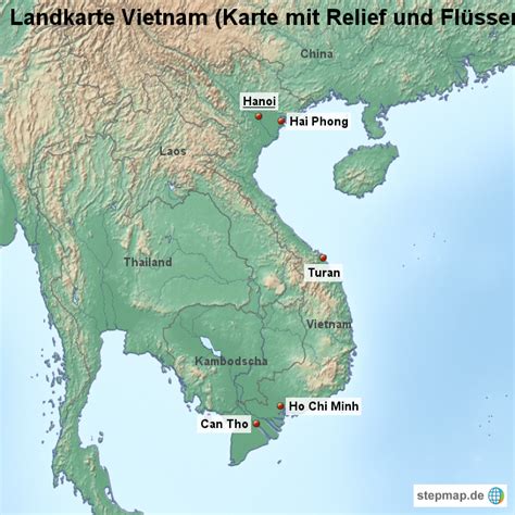 Vietnam is bordered by the south china sea and gulf of tonkin to the east, china to the north, and laos and vietnam is one of nearly 200 countries illustrated on our blue ocean laminated map of the world. Landkarte Vietnam (Karte mit Relief und Flüssen) von ...