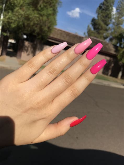 Acrylic Coffin Different Shades Of Pink Nails Long Nails Pink