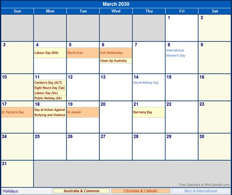 March 2030 Australia Calendar With Holidays For Printing Image Format
