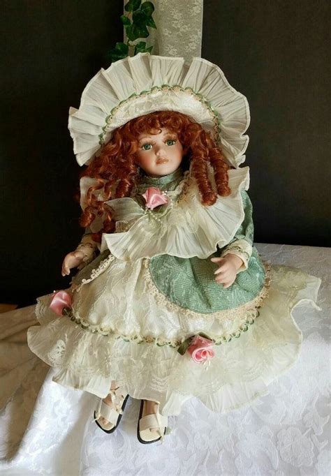 Vintage Porcelain Doll Doll In Green Dress Victorian Doll Seated