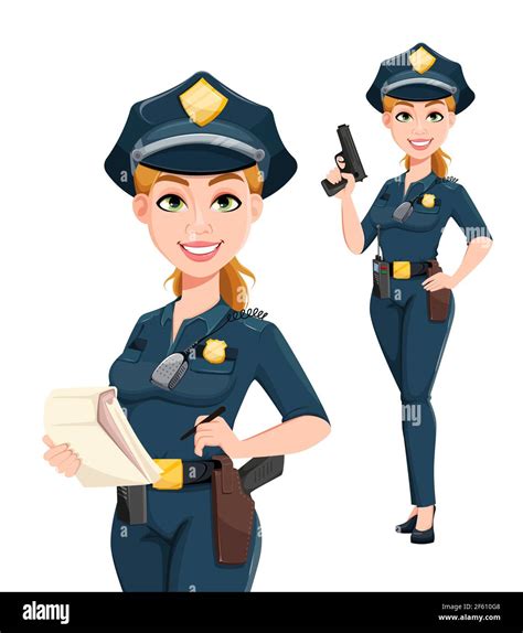 Police Woman In Uniform Set Of Two Poses Female Police Officer Cartoon Character Stock Vector