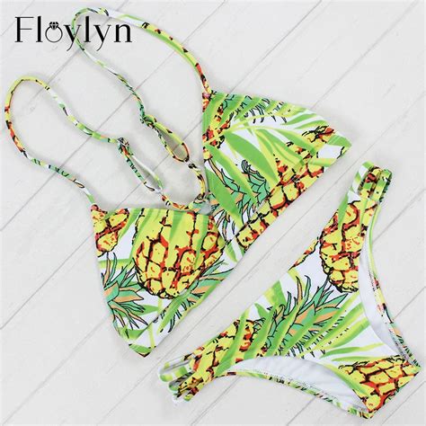 Floylyn Brazilian Swimwear Reversible Bikinis Sexy Women Swimsuit Pineapple Series Print Halter