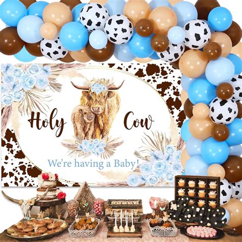 Highland Cow Baby Shower Decorations For Boy Blue Cow Balloon Garland