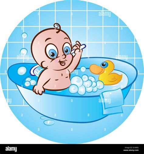 Vector Illustration Of Cute Baby Babe Taking A Bath In Tub And Playing