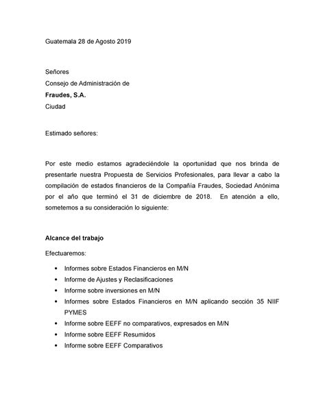 Carta De Propuesta De Servicios Guatemala 28 De Agosto 2019 Señores