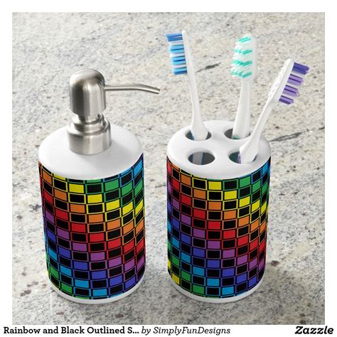 Rainbow And Black Outlined Squares Soap Dispenser And Toothbrush Holder