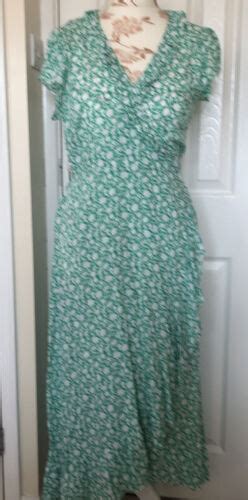 Aspiga Dress White Green New Wrap Maxi Frill To Edging Neck And Sleeve