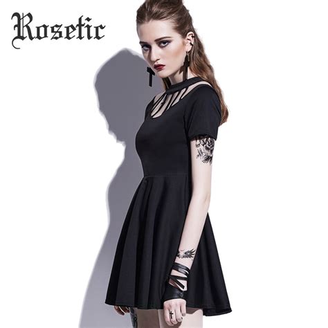 Rosetic Gothic Dress Women Black Hollow Backless Summer Vampire Witch A Line Fashion Preppy