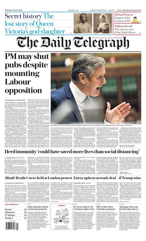 Daily Telegraph Front Page 8th Of October 2020 Tomorrows Papers Today