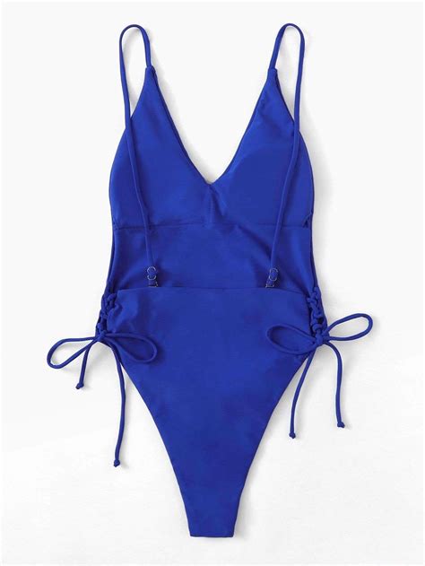 Blue V Backless Lace Up One Piece Swimsuit Bikini Bañadores De Una