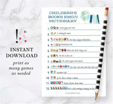 Pens and printable emoji combinations that convey words or phrases (like the baby emoji and the shower emoji, meaning baby shower, for example). Children's Books Emoji Pictionary Baby Shower Game