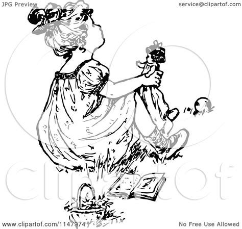 Clipart Of A Retro Vintage Black And White Girl Playing With A Doll 3
