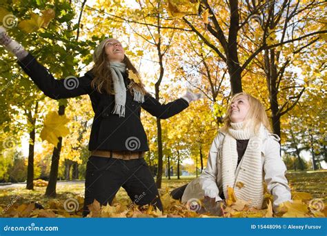 Joyful Women At Park Stock Photo Image Of Foliage Leaves 15448096