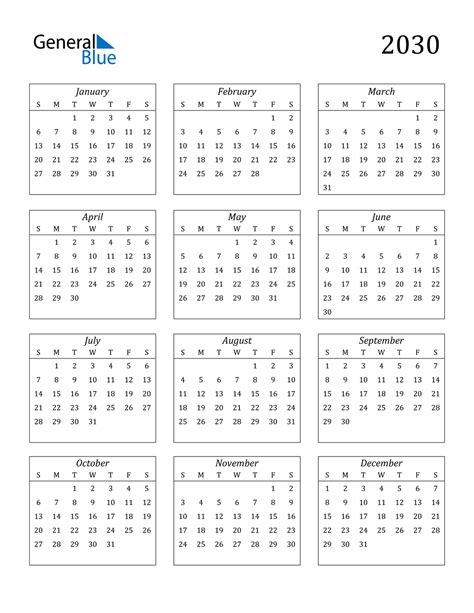 2030 Calendar Pdf Word Excel