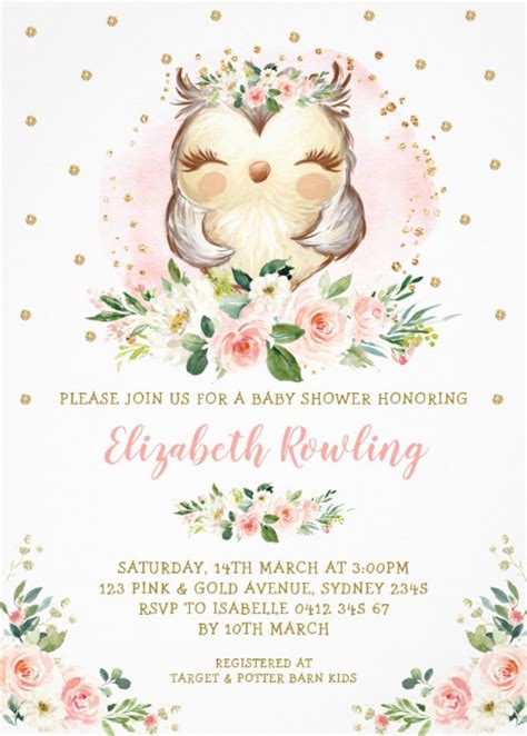 Woodland Owl Pink Gold Floral Girl Baby Shower Invitation