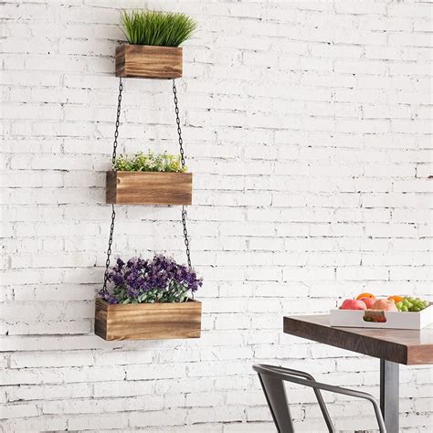 3 Tier Rustic Wood Hanging Planter Boxes With Black Chains Myt