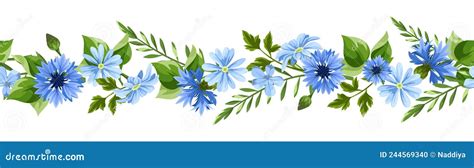 Horizontal Seamless Border With Blue Flowers And Green Leaves Vector