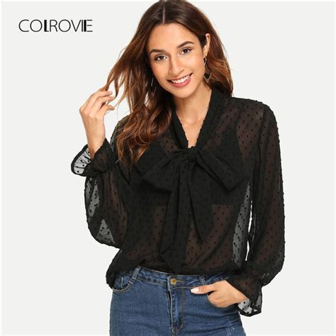 Buy Colrovie Black Elegant Sheer Tie Neck Polka Dot Blouse Shirt Women 2018