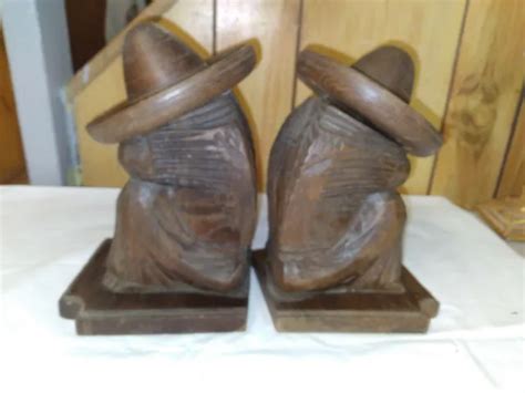 Vintage Siesta Men Carved Wooden Bookends Folk Art Mexican Sombrero