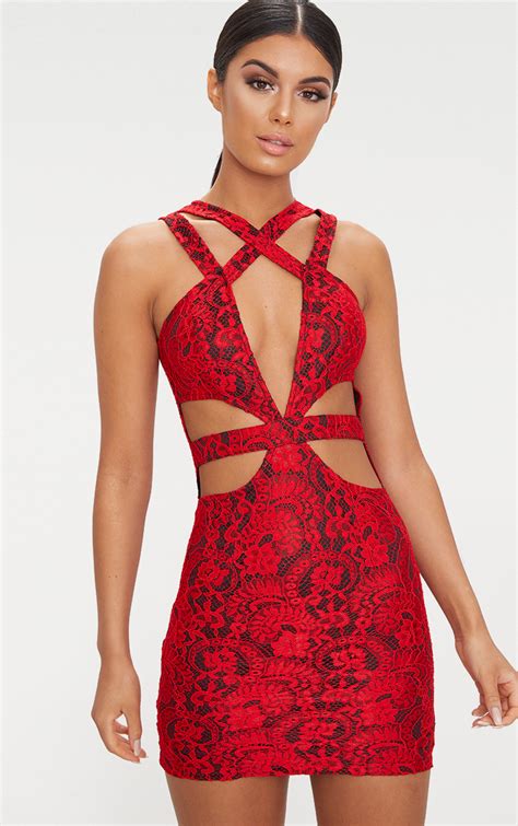 Red Lace Cut Out Bodycon Dress Prettylittlething Uae