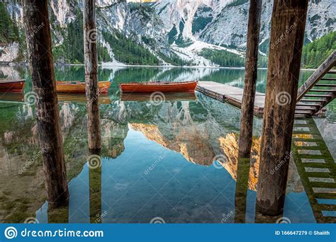 Old Wooden Boats At And Lago Di Braies Dolomites Editorial Stock Image