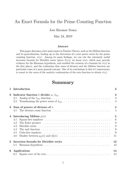 Pdf An Exact Formula For The Prime Counting Function