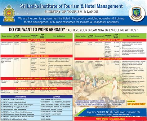Hotel Management Tourism Courses Application 2022 SLITHM