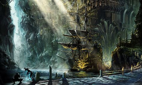 Fantasy Ship Pirate Magic Cities Harbor Bay Sunlight Beam Ray