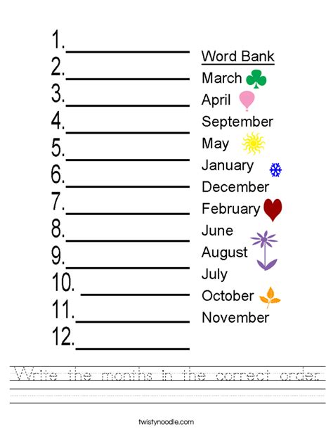 Write The Months In The Correct Order Worksheet Twisty Noodle
