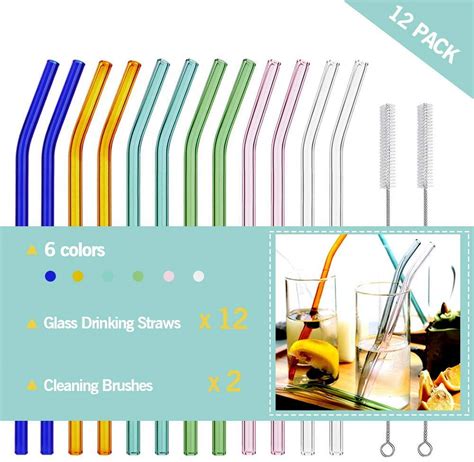 reusable bent glass drinking straws set of 12 bent straws with 4 cleaning brushes shatter