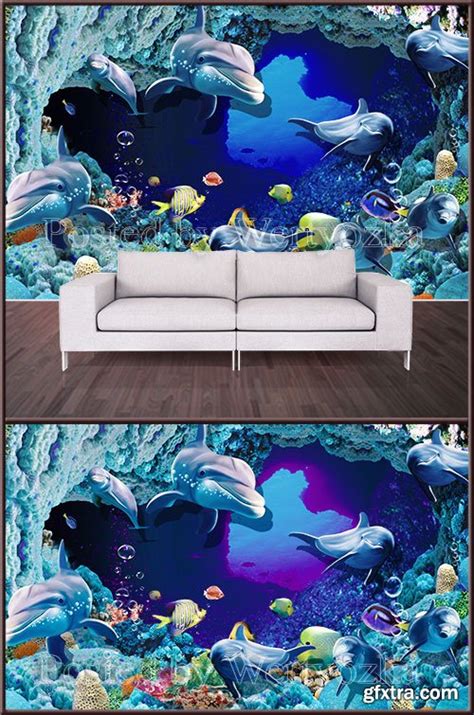 3d Psd Background Wall Dolphins And Fish Gfxtra