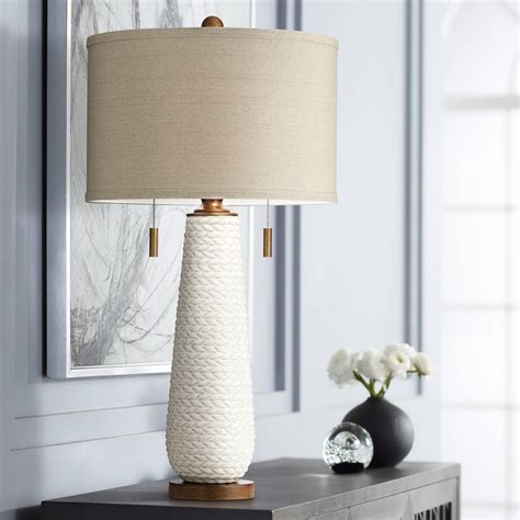 Mid Century Modern Table Lamp White Ceramic Taupe Shade For Living Room