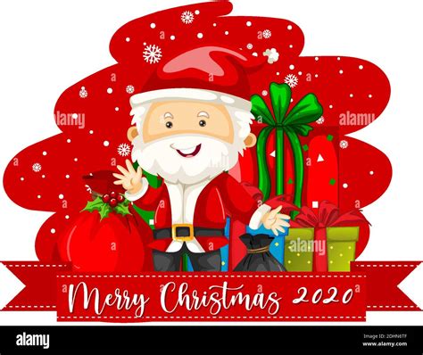 Merry Christmas 2020 Font Banner With Santa Claus Cartoon Character