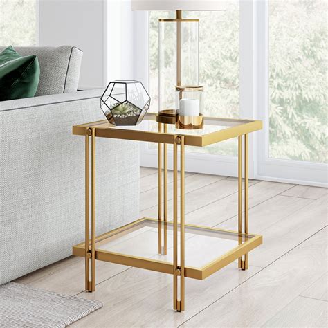 Evelynandzoe Contemporary Metal Side Table With Glass Shelf