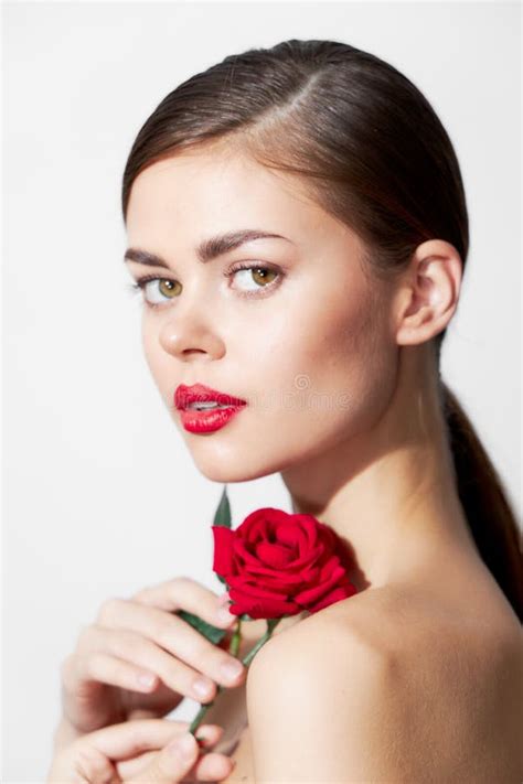 Lady Glamor Nude Shoulders Rose Flower Cosmetics Lips Clear Skin Stock