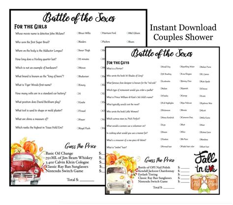 battle of the sexes couple shower game trivia couples shower fall in love theme couple