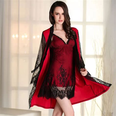 sexy women s robe sets 2017 new arrival red luxury lace silk home suits suspender nightgown robe