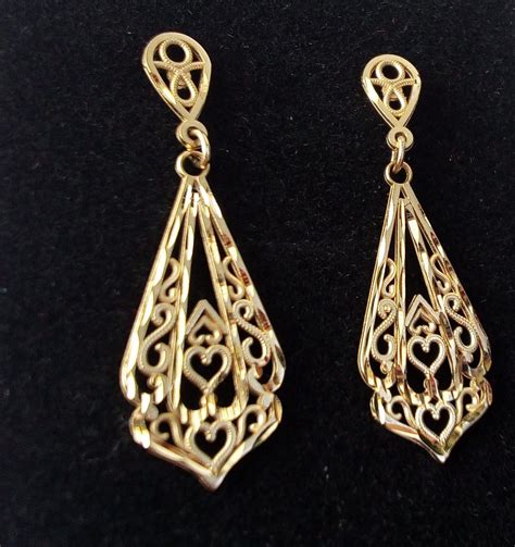 K Gold Earrings Stud Dangle Highly Detailed Hearts Vintage M Etsy