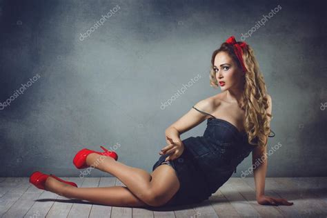 Sexy Blonde Woman In Jeans Sundress And Red Shoes Pin Up Girl Retro