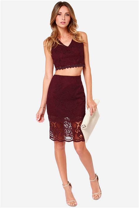 Chic Burgundy Dress Two Piece Dress Lace Dress Top And Skirt Set